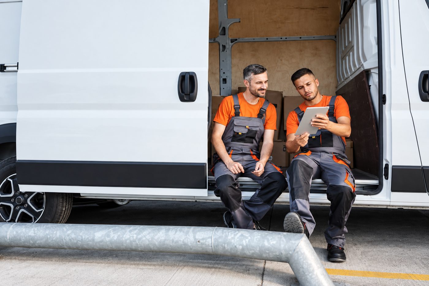 Twee vakmannen zitten in de open laadruimte van hun camionette en bekijken samen een tablet